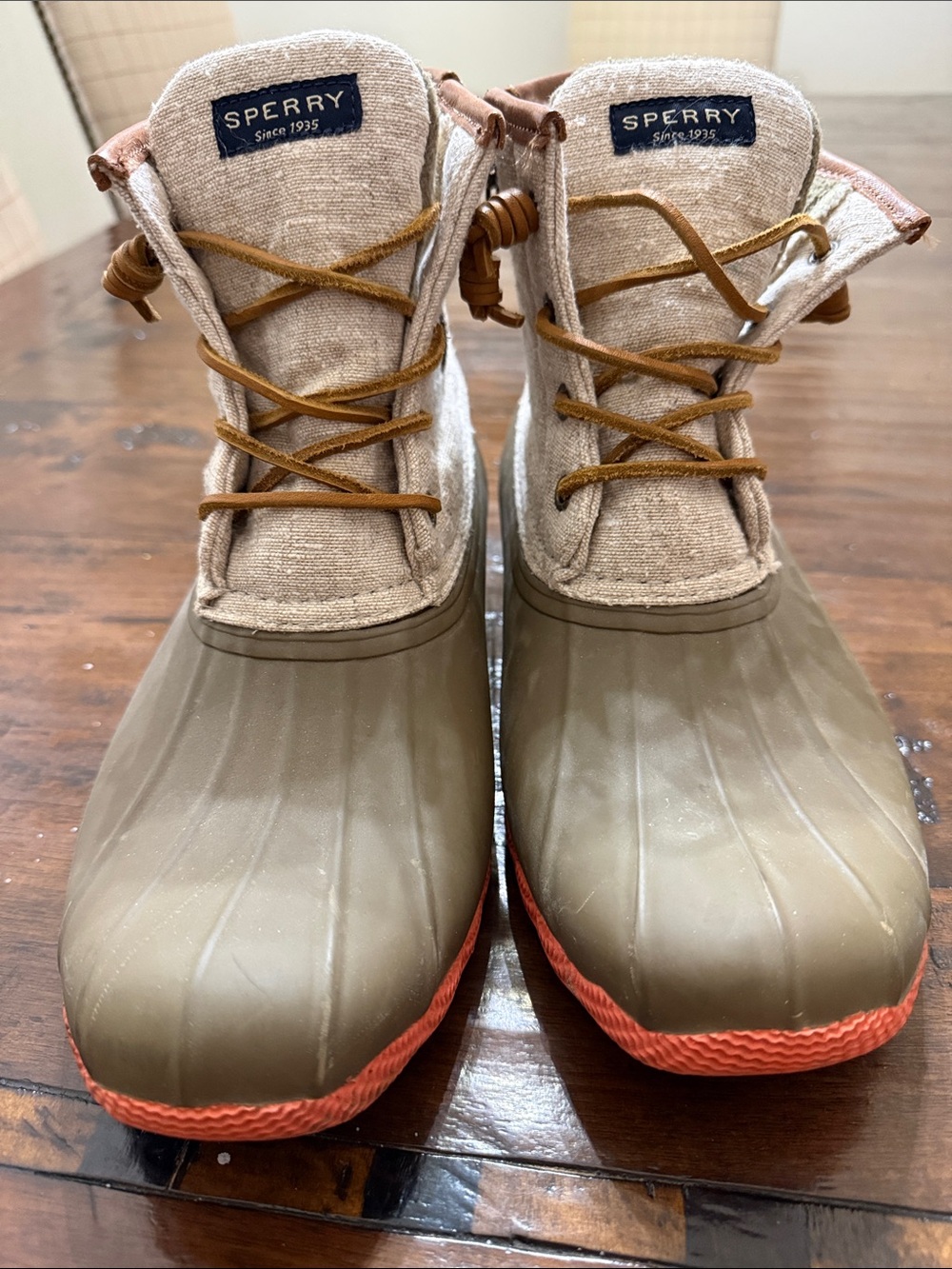 Sperry Olive Green and Tan Waterproof Duck Boots with Orange Soles